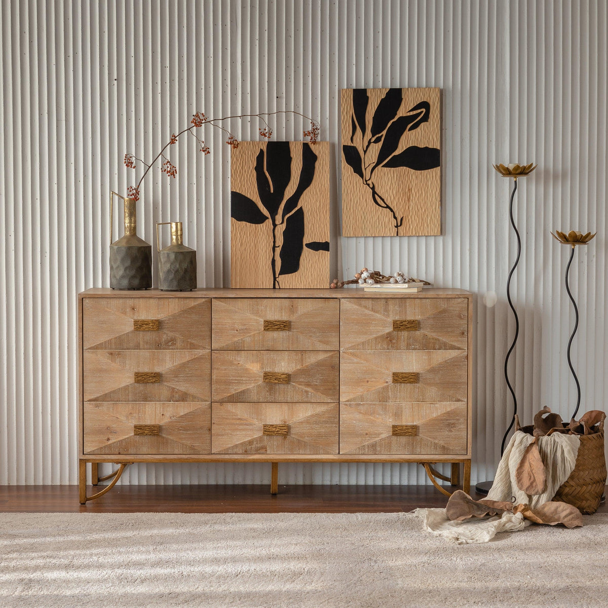 Natural Wood Sideboard Buffet Cabinet with Geometric Doors & Gold Legs