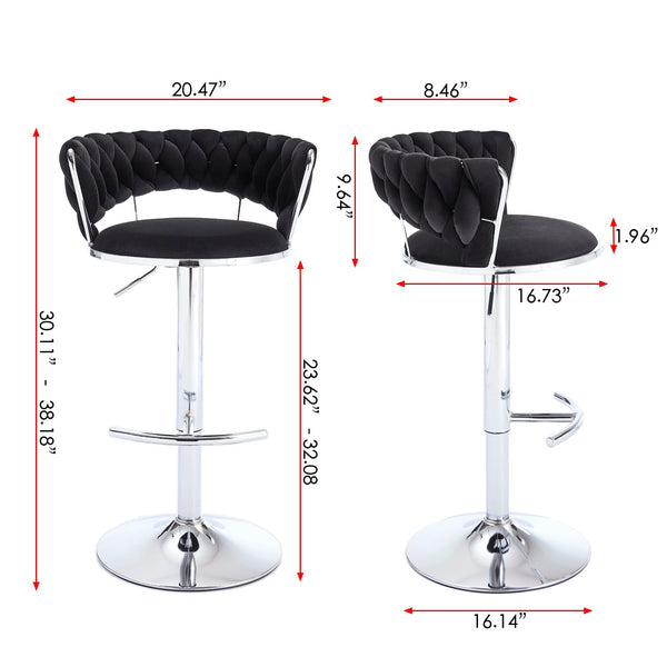 Set of 2 Bar Stools with Chrome Footrest & Base Swivel Height Adjustable Velvet