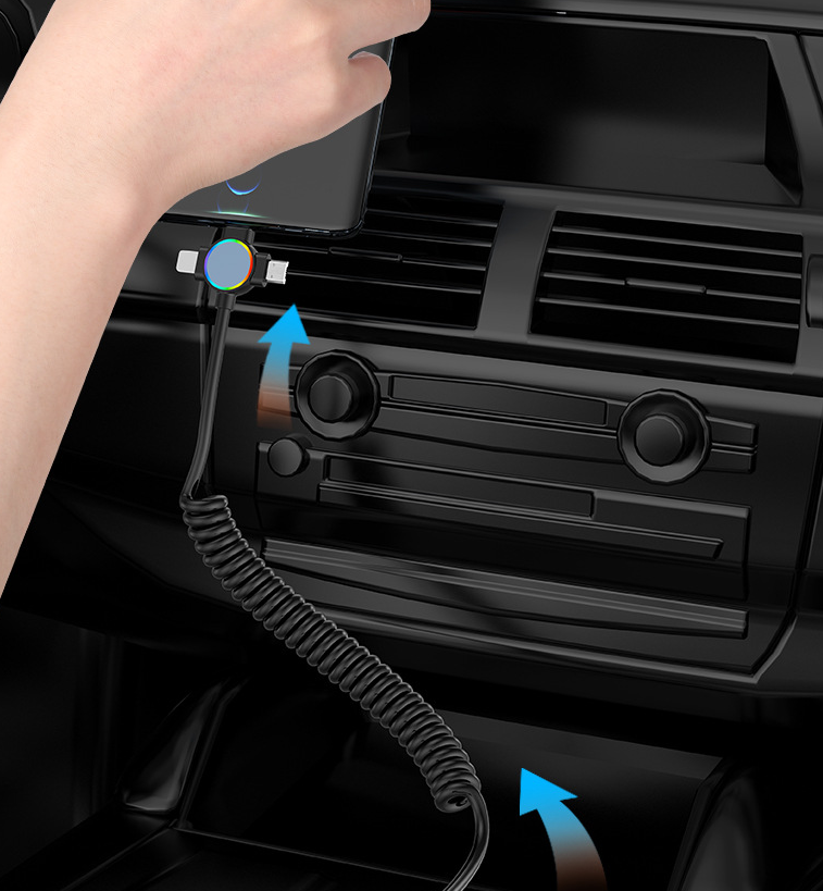Three in one spring data cable suitable for Huawei Apple 15 Android Carplay streaming light car retractable fast charging cable