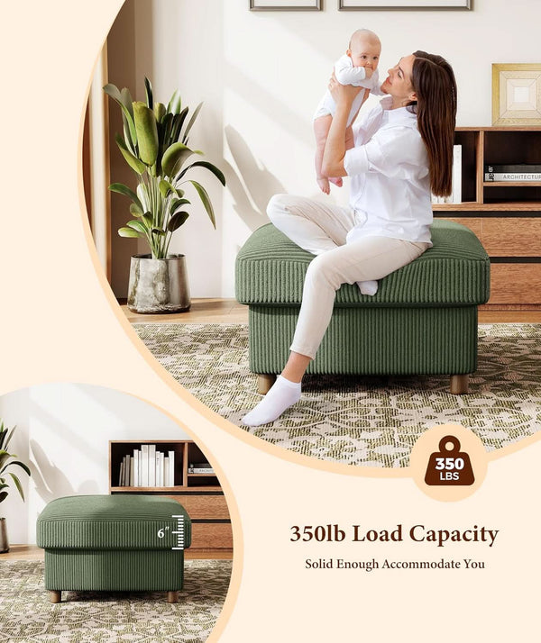 Emerald Corduroy Storage Ottoman 25 Inch Cushioned