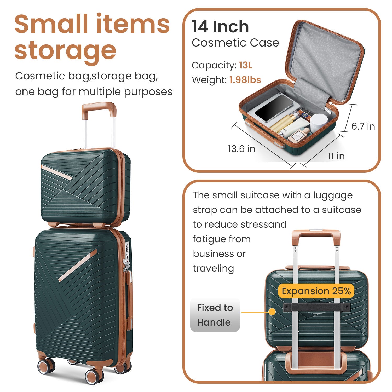 Luggage set of 4 pieces (14/20/24/28) with 4 360 degree silent rotating wheels made of PP material and durable TSA lock