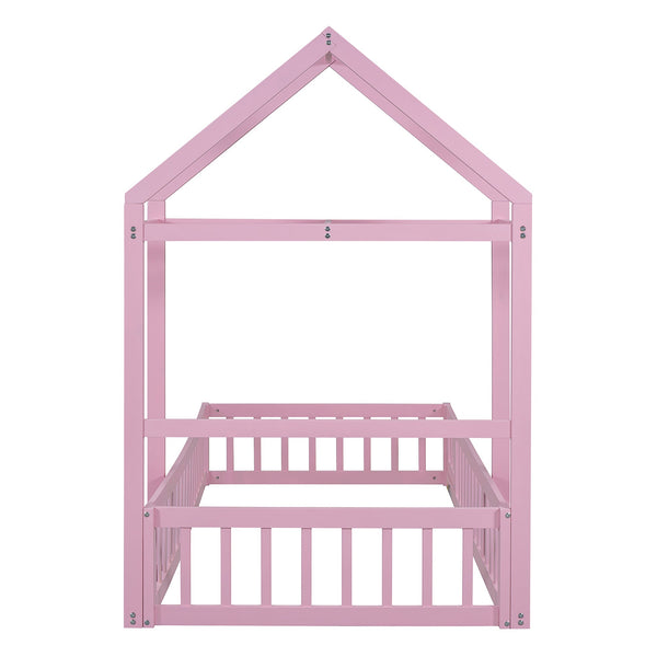 Wooden Twin Size Children's Bed with Detachable Headboard and Integrated Clothes Drying Rack, Pink