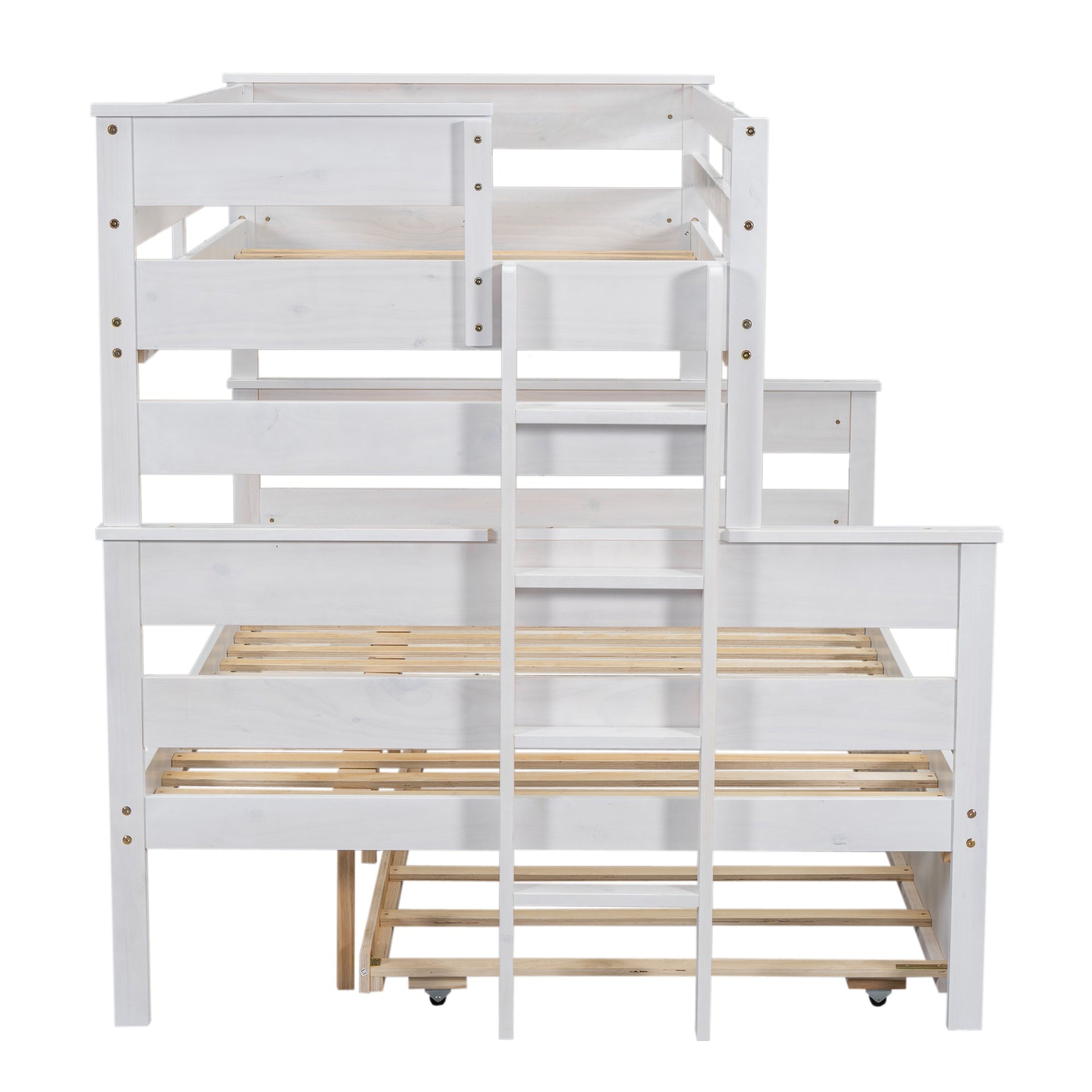 Wood Twin over Full Bunk Bed with Twin Size Trundle  White
