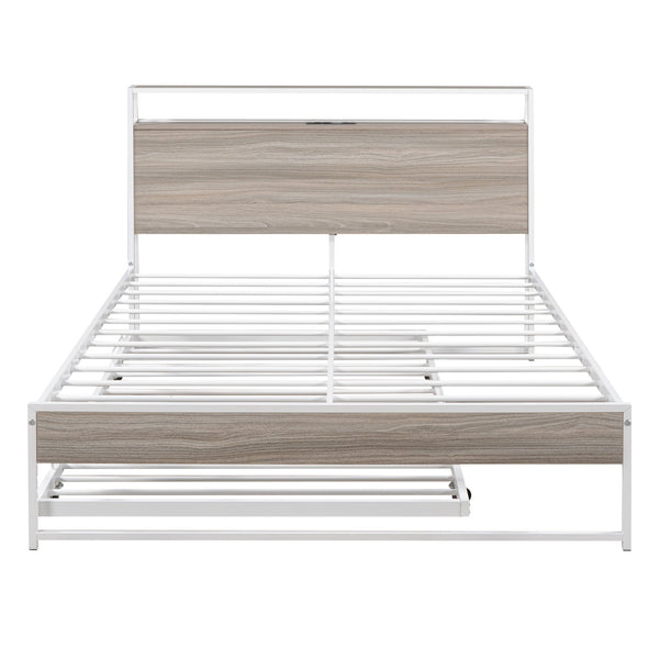 Full Size Metal Platform Bed Frame with Trundle, USB Ports and Slat Support No Box Spring Needed White