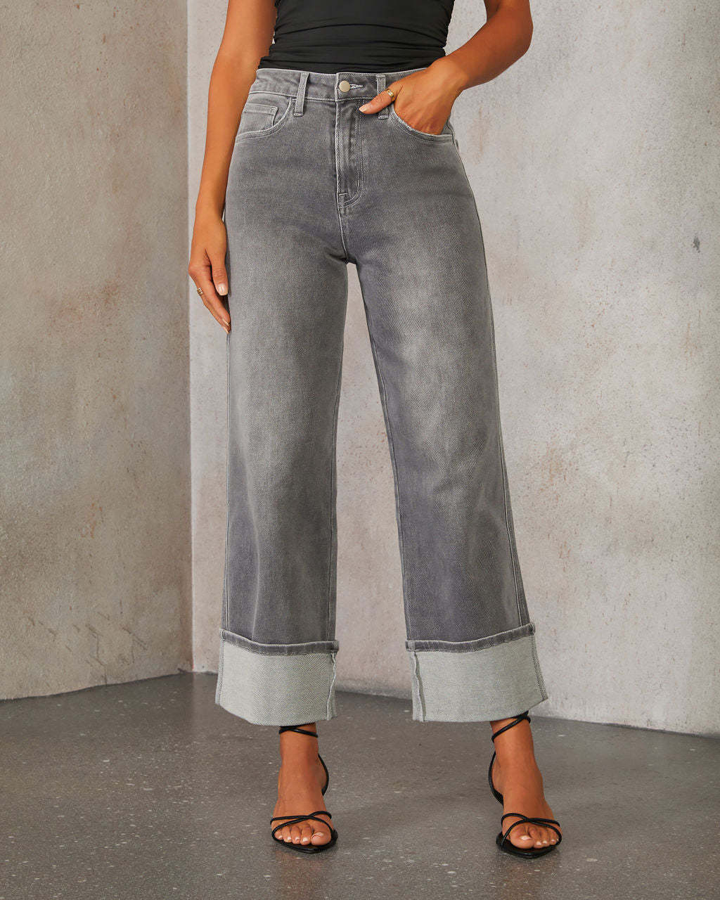 Straight leg jeans women's retro rolled edge high waisted pants