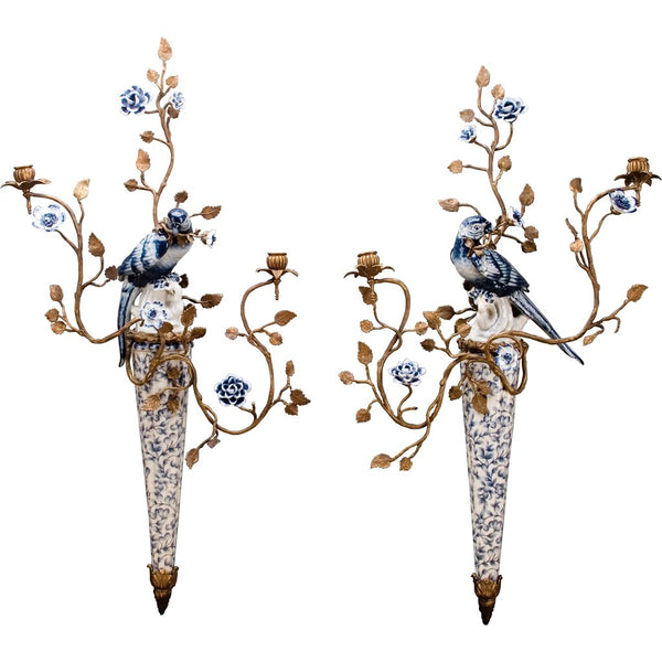Pair Blue and White Wall Hanging Candlestick