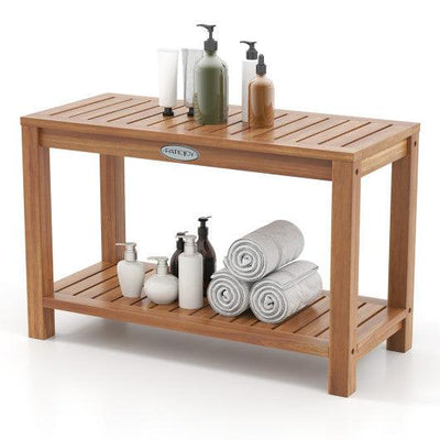 30 Inch Teak Wood Shower Bench Inside Shower Stool with Storage Shelf
