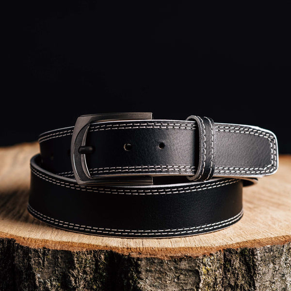 The Pegasus Belt - Black Full Grain Leather Belt with White Stitches NAB Leather