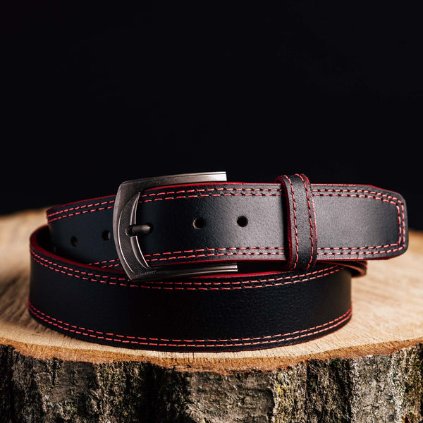 The Pegasus Belt - Black Full Grain Leather Belt with White Stitches NAB Leather