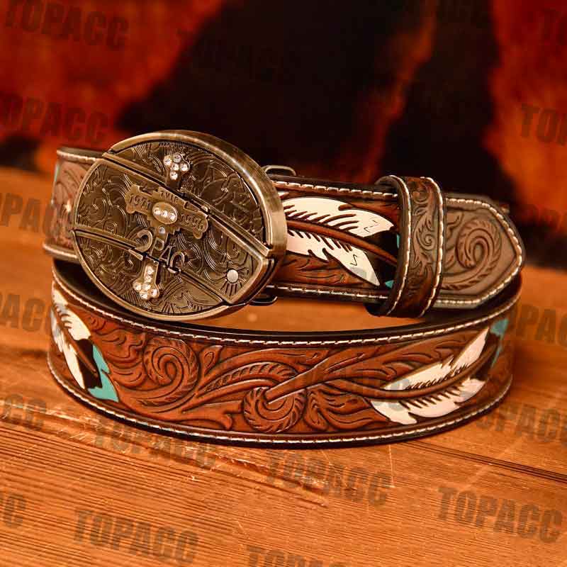 Waist 42-46 inch Western Leather Feather Belt - Block Buckle