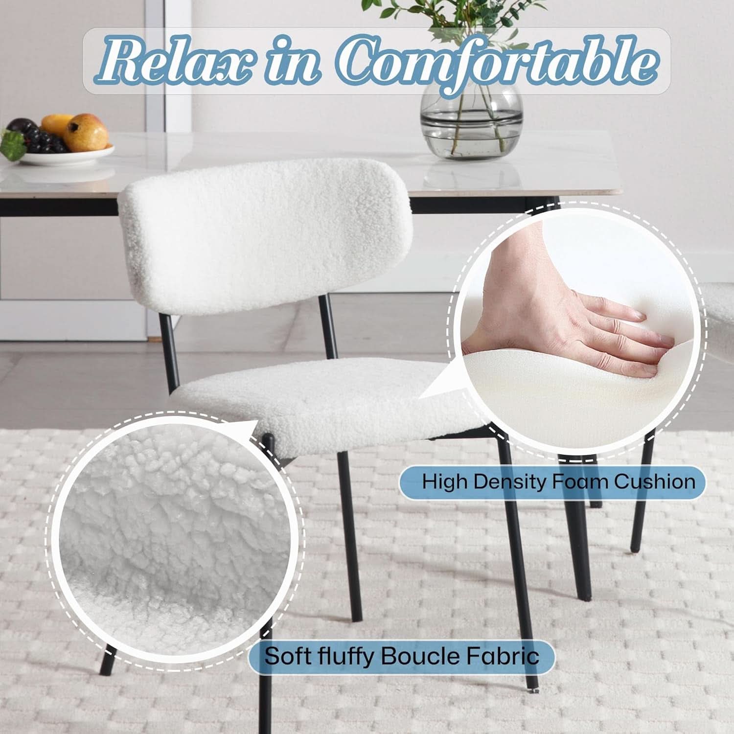 White Boucle Upholstered Dining Chairs Curved Back