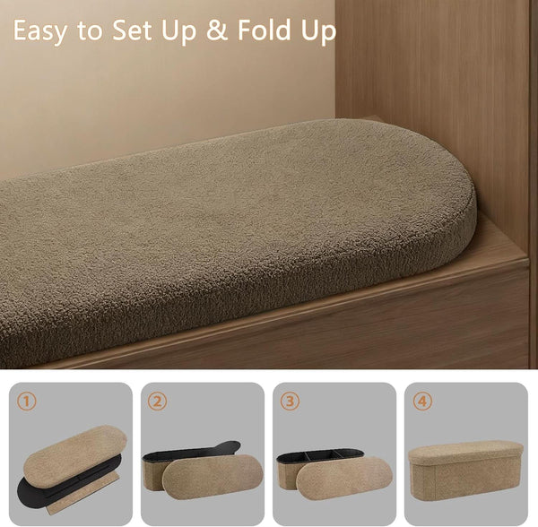 Brown 43 Inch Folding Storage Ottoman Sherpa Fabric
