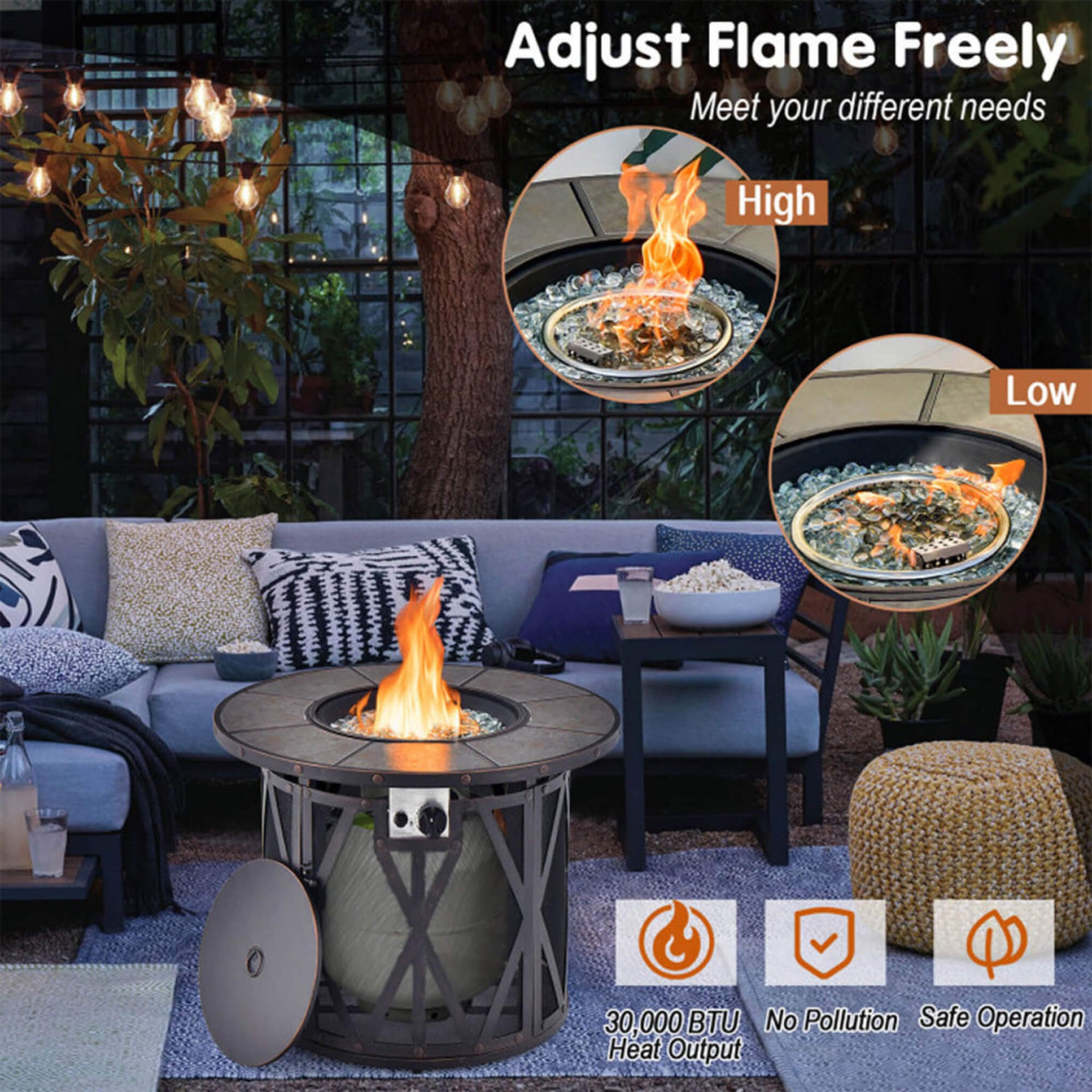 30-Inch 30K BTU Premium Outdoor Patio Gas Fire Pit Table With Fire Glass And Cover (SAK17432)