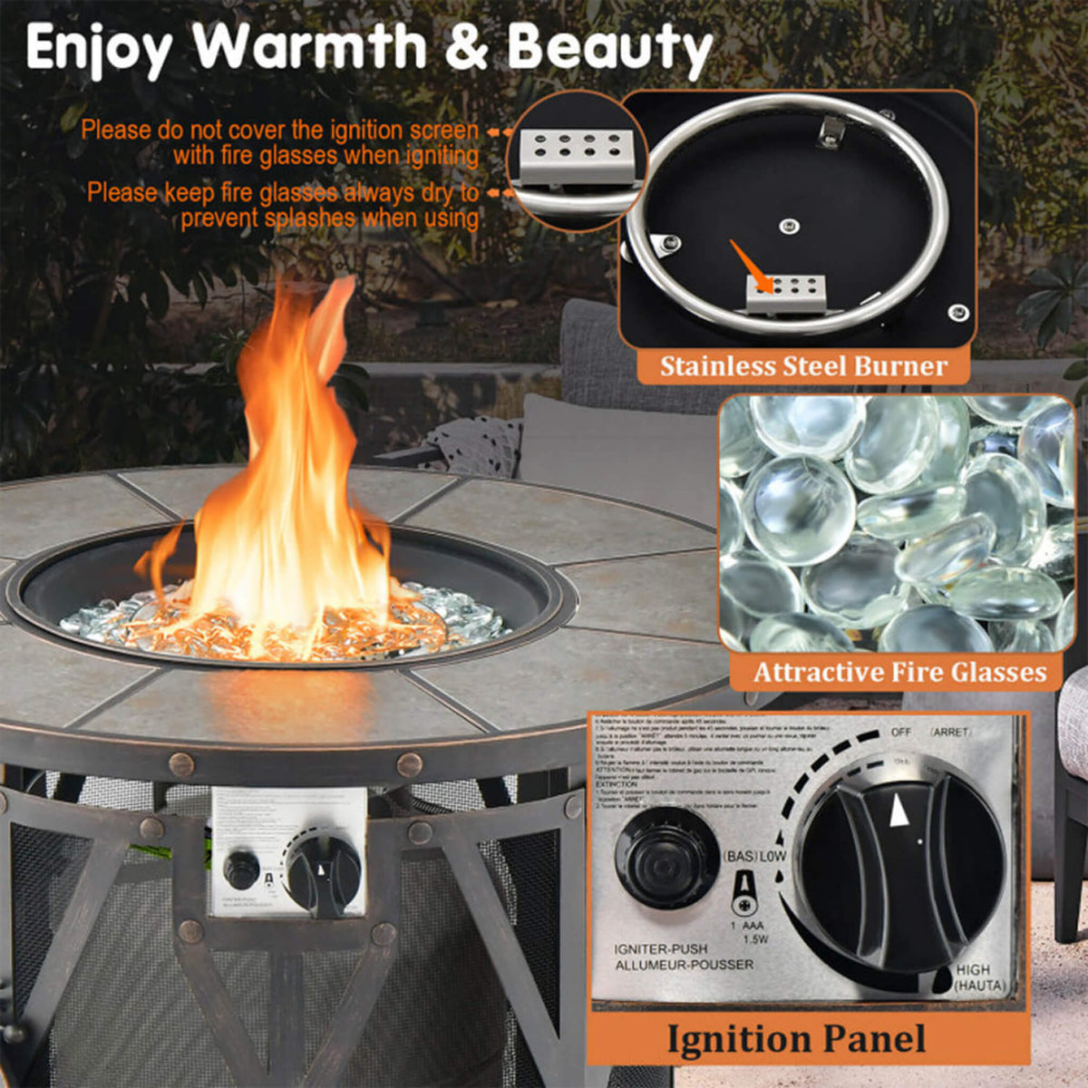 30-Inch 30K BTU Premium Outdoor Patio Gas Fire Pit Table With Fire Glass And Cover (SAK17432)