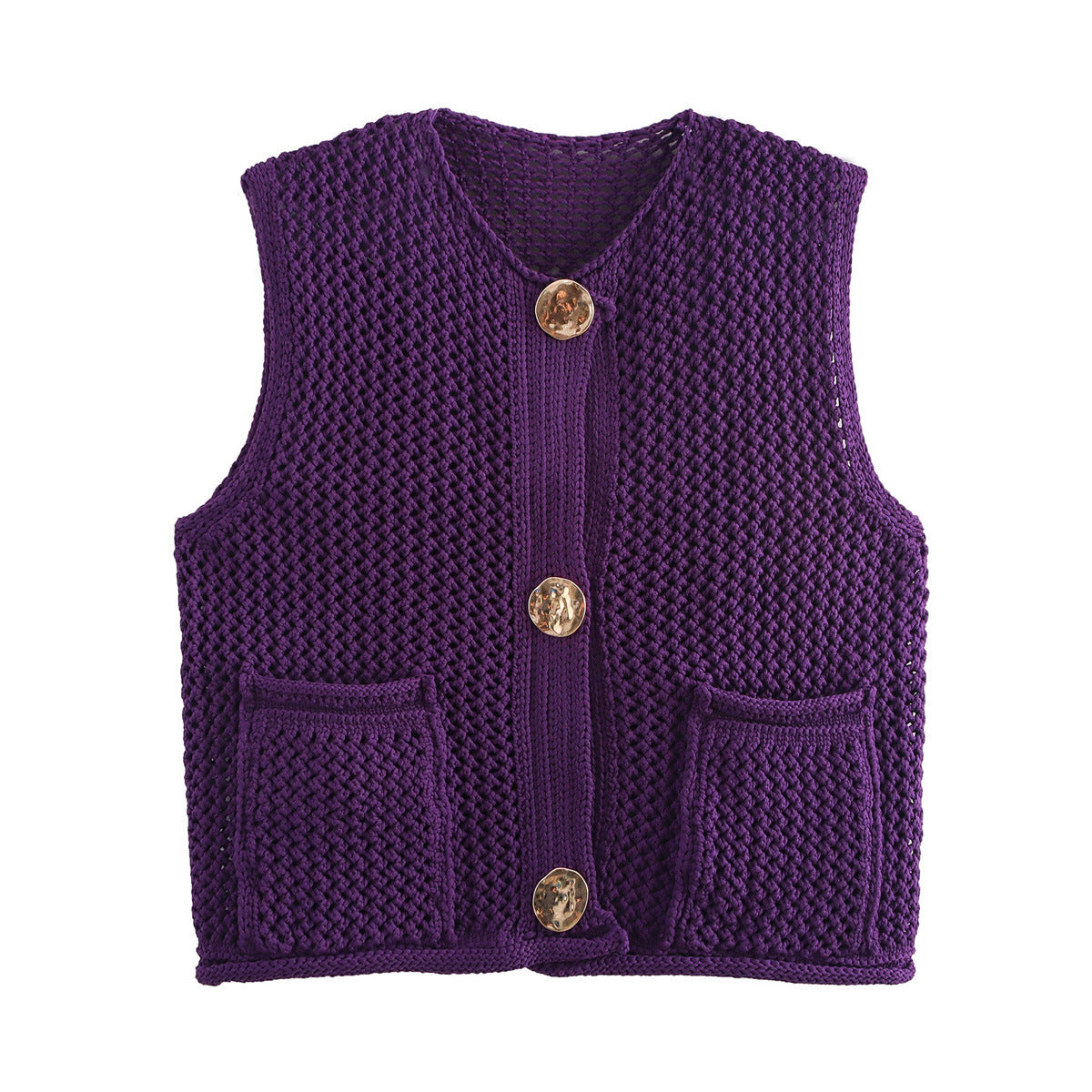Street Fashion Crochet Hollow Vest Solid Color Versatile Round Neck Jacket