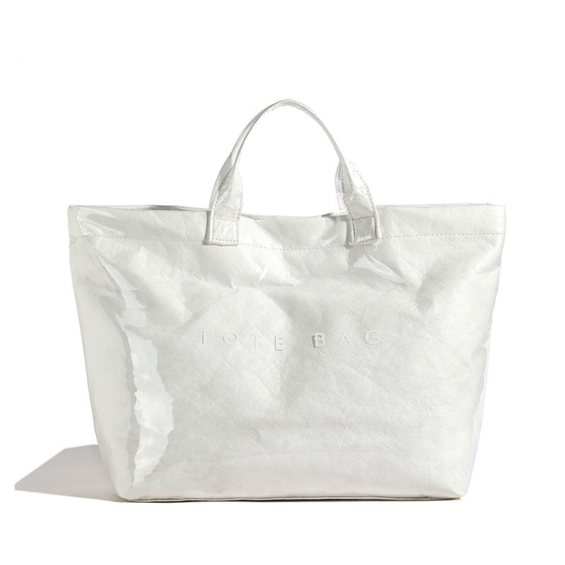 Vintage PVC tote with DuPont lettering. Simple, transparent, large - capacity handbag for commuting women.