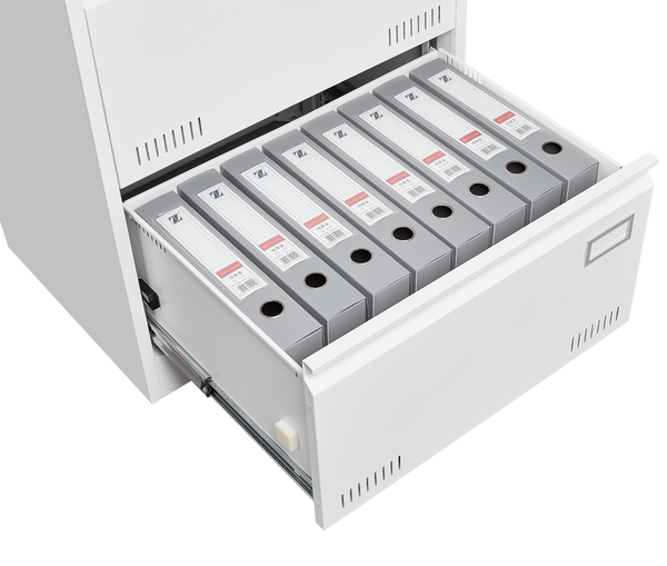 Open filing cabinet drawer with labeled boxes inside