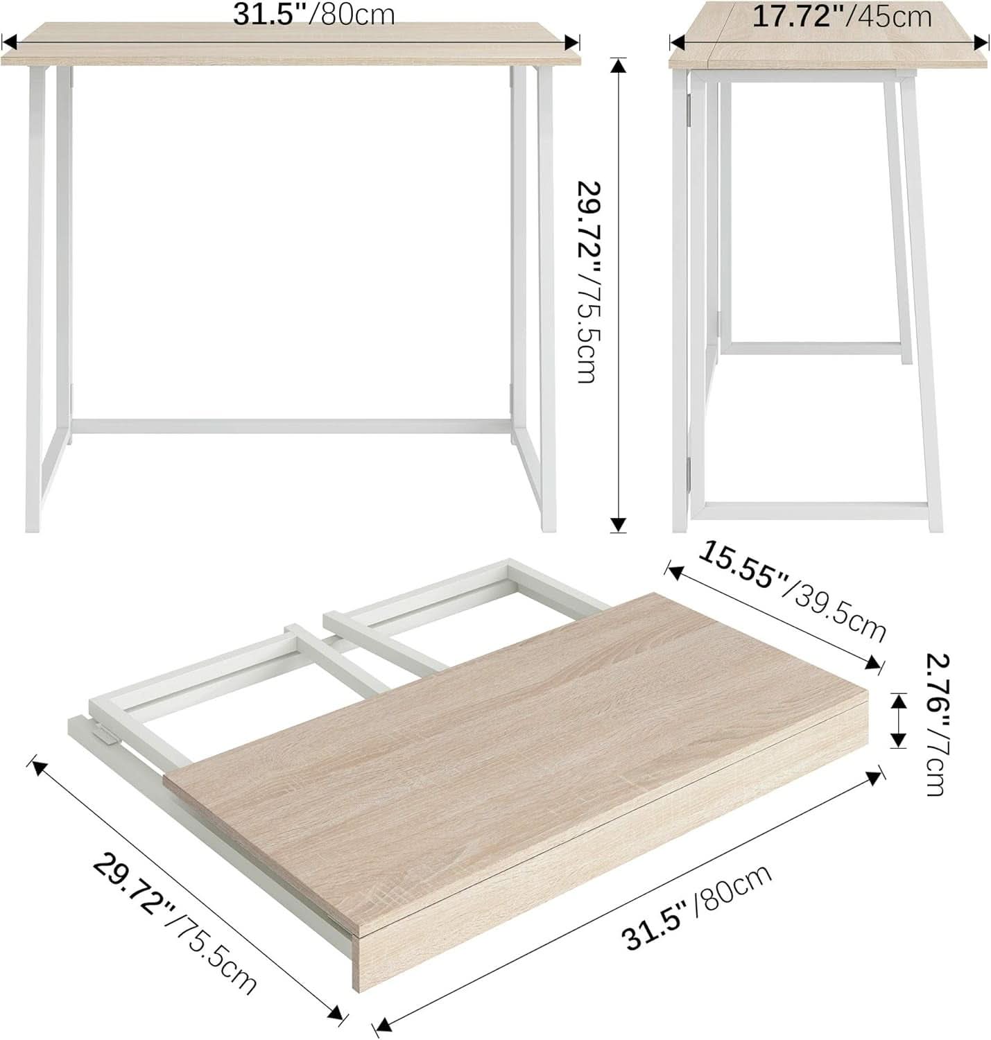 31.5 Inch Folding Desk For Small Spaces Natural White