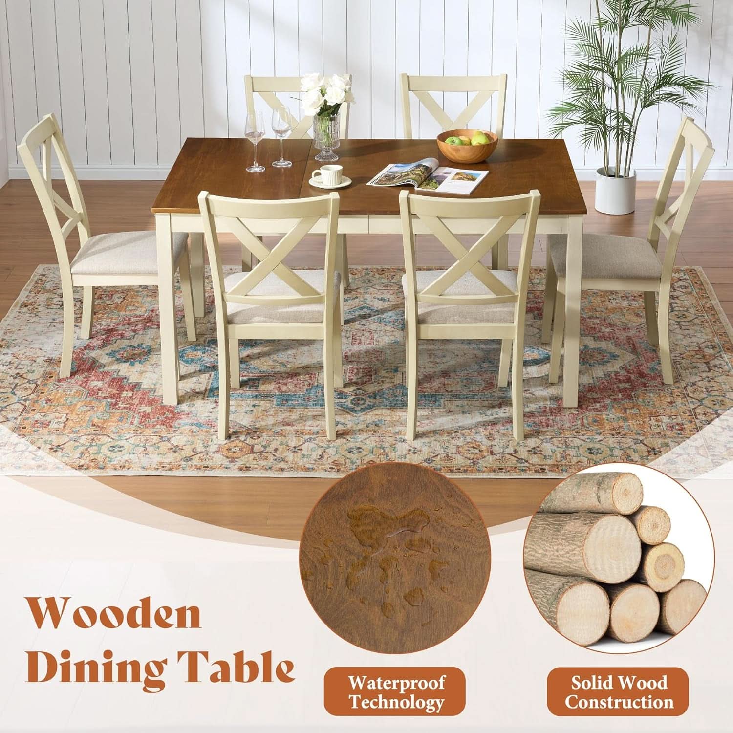 Farmhouse Handcrafted SolidWood Dining Table Set Cream
