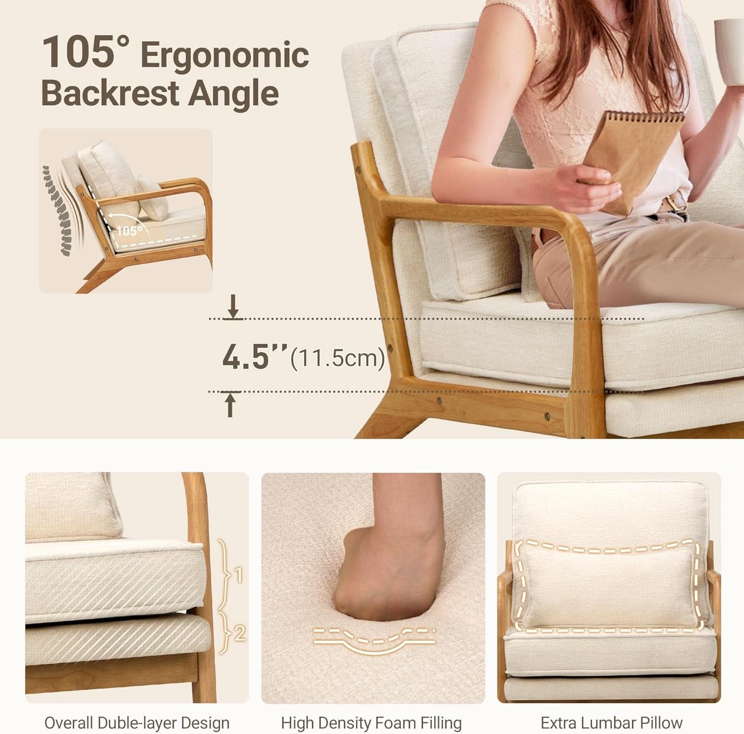 Beige Mid Century Accent Armchair Lumbar Support Pillow