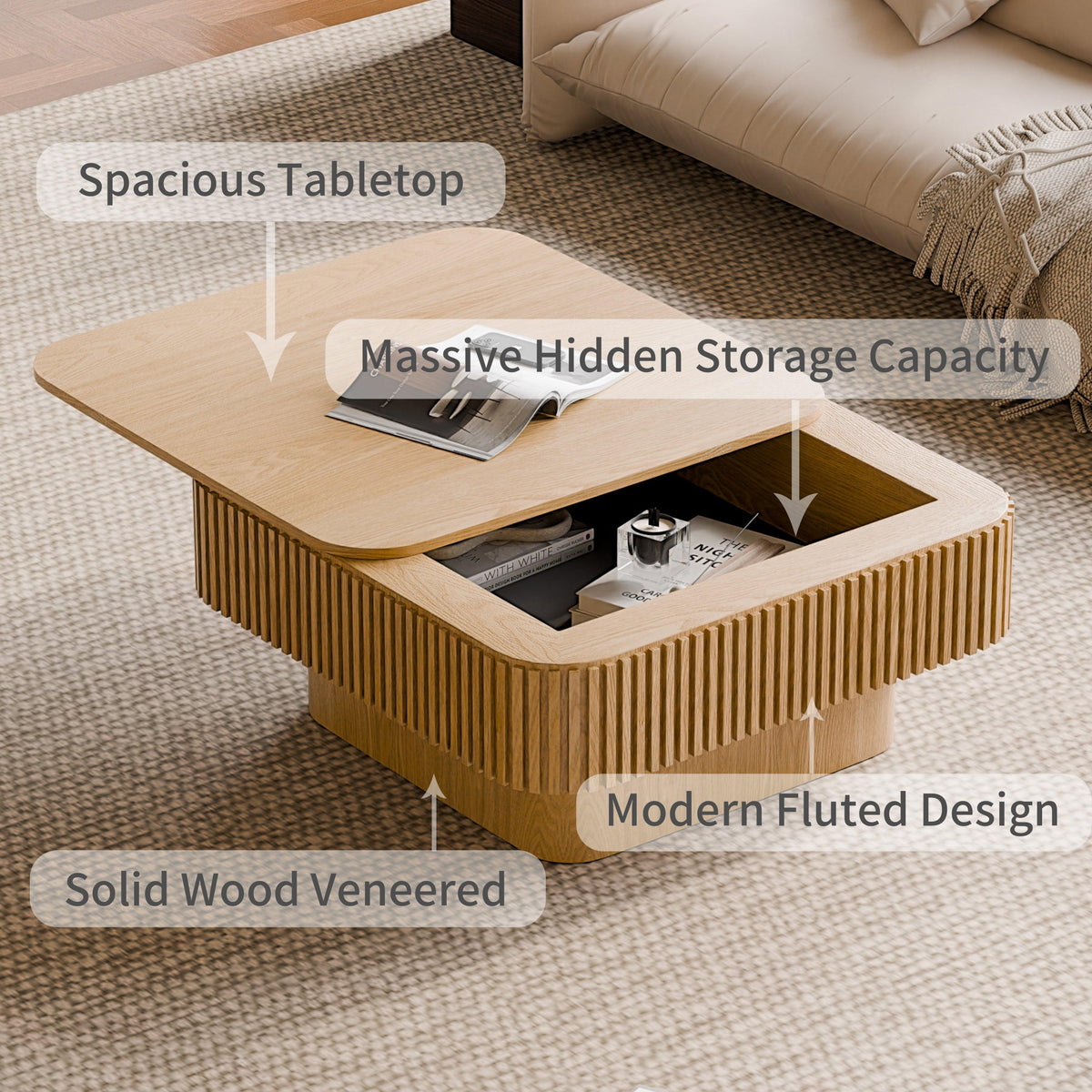 Modern Square Coffee Table with Hidden Storage