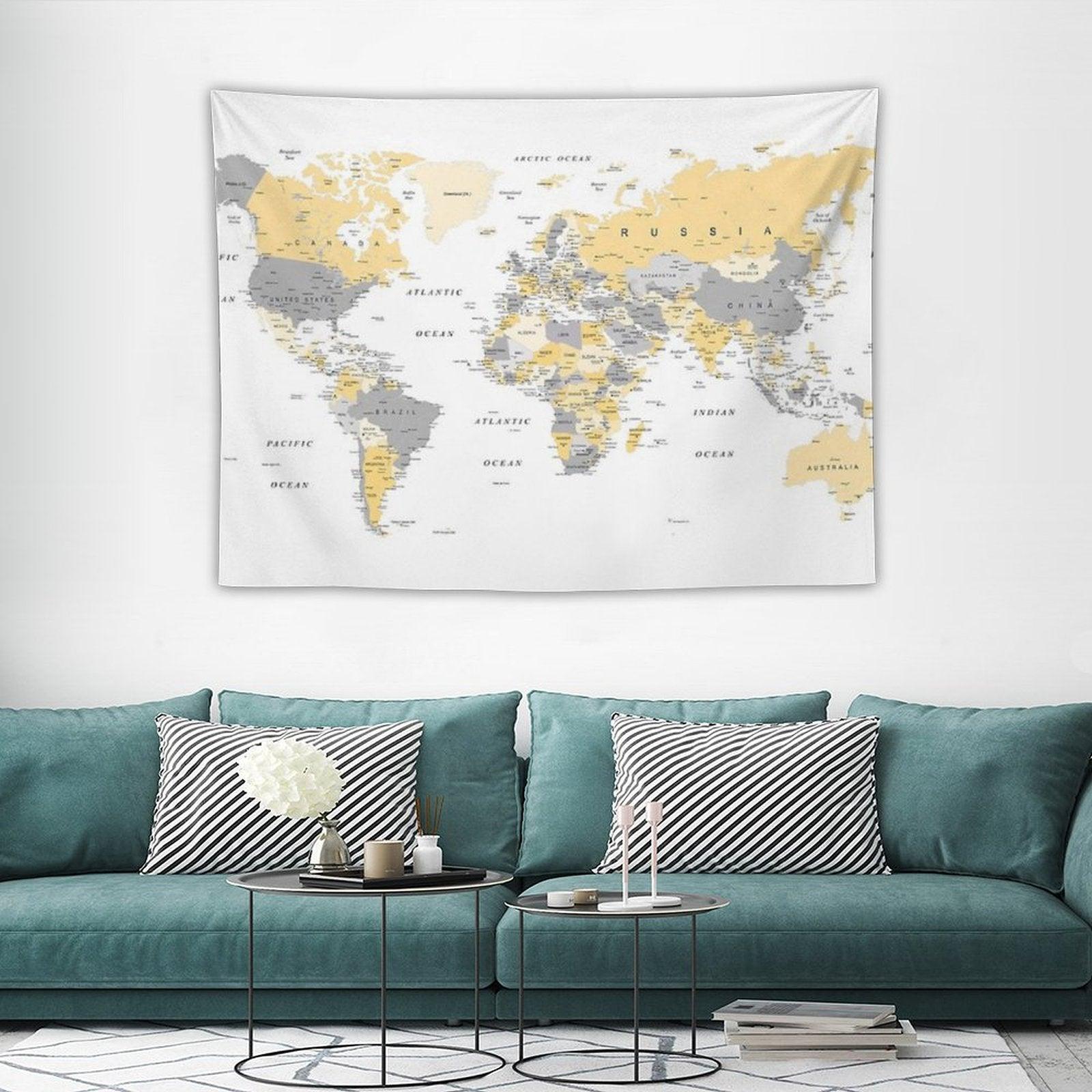 Map of The World Yellow And Grey Tapestry