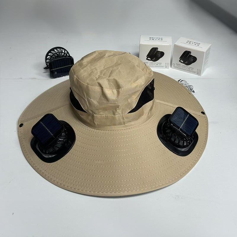 Solar fan hat: wide - brim bucket hat with 2 solar fans, men’s summer cap for outdoor fishing, camping, hiking.