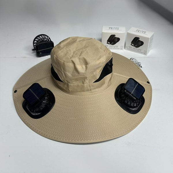 Solar fan hat: wide - brim bucket hat with 2 solar fans, men’s summer cap for outdoor fishing, camping, hiking.