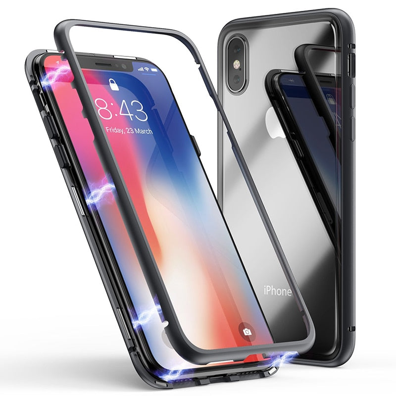 Double sided  Magnetic Case for iPhone X Clear Tempered Glass Magnet Adsorption Case