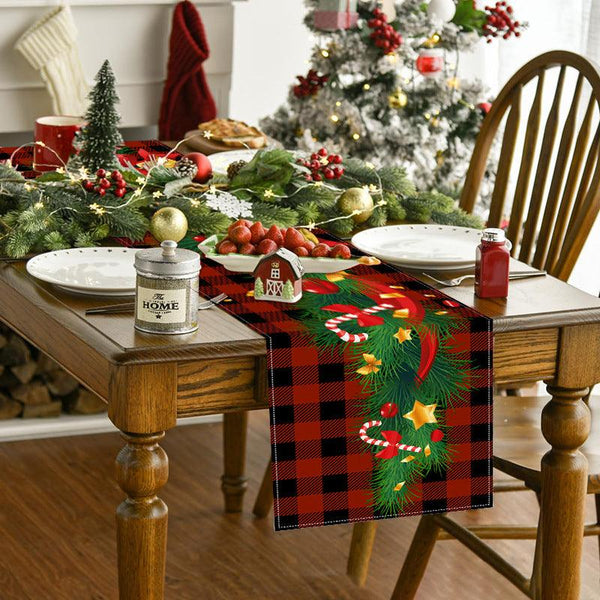 New Christmas table flag white linen bell printed tablecloth red and black checkered home decoration tablecloth pad