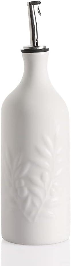 Sweejar Ceramic Olive Oil Dispenser Bottle, 20 Oz Relief Opaque Oil Cruet Protects Oil To Reduce Oxidation, Suitable for Storage Oil, Vinegar, Soy Sauce, Coffee Syrup, Liquids, Pack of 1 (White)