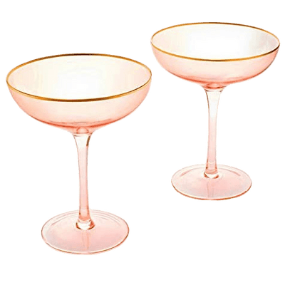 The Wine Savant Colored Blush Pink & Gilded Rim Coupe Glass, Large 9oz Cocktail & Champagne Glasses 2-Set Vibrant Color Short Gold Vintage Tumblers, No Stem Margarita, Glassware Gift Idea (Coupe)