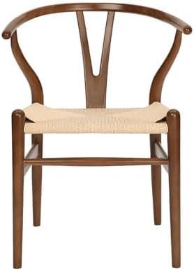 Wishbone Chair Natural Solid Wood Dining Chair/Hans Vegner Y Chair Rattan and Wood Accent Armrest Chairs Set of 1 (Ash Wood - Walnut)