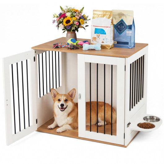 31.5” Dog Crate Furniture Wooden Dog Kennel with Double Lock Doors-White
