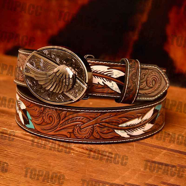 Waist 42-46 inch Western Leather Feather Belt - Block Buckle