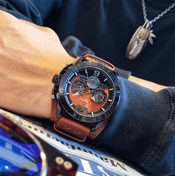 Men's Leather Waterproof Watch With Chronometers And Fluorescent Hands Excellent Design Perfect Gift