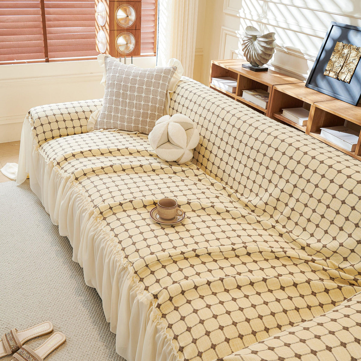 Grid Textured Sofa Cover with Sheer Ruffle Skirt, Pet-Friendly Sofa Throw Slipcover