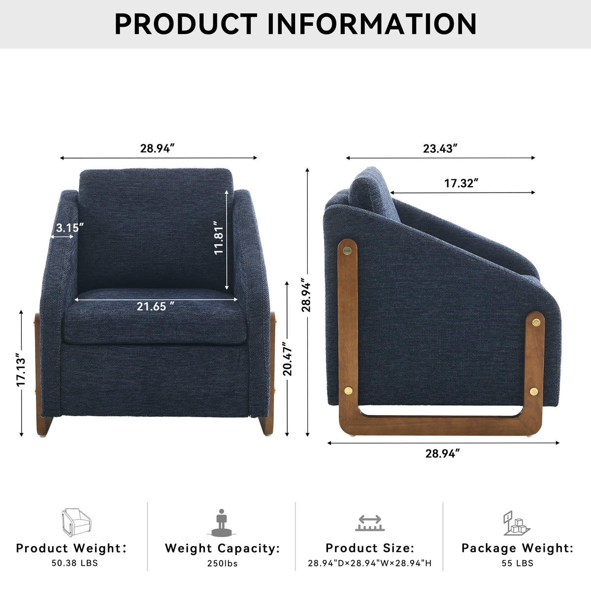 Modern Chenille Upholstered Armchair with Wooden Side Frame in Blue