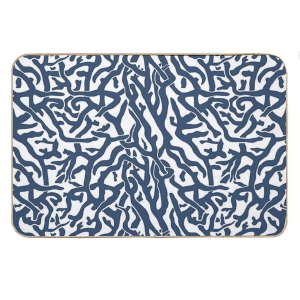 Coral Reef Pattern  Navy Blue White Coastal Beach House Bath Mat