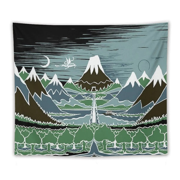 A Halflings Journey on A Mountain Path Through An Elven Wood in The Style of J.R.R.Tolkien Tapestry