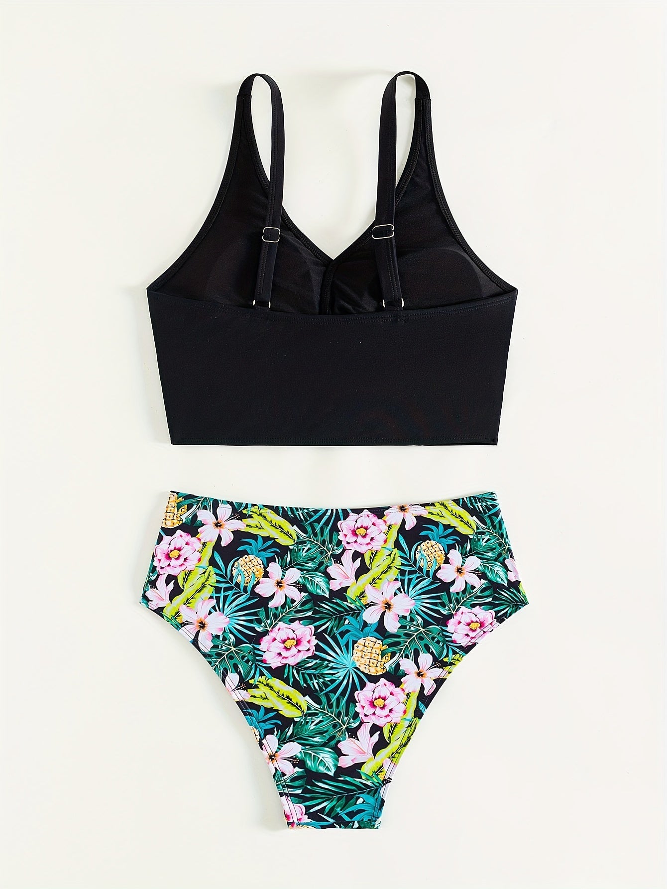 Bikini Solid Black Twist Front High Waist 2 Piece Swimsuit for Women – Stretchy V Neck Bikini Set with Ruched Tummy Control and Cross Strape Detail – Quick Drying Polyamide Swimwear for Beachwear Poolside and Summer Travel