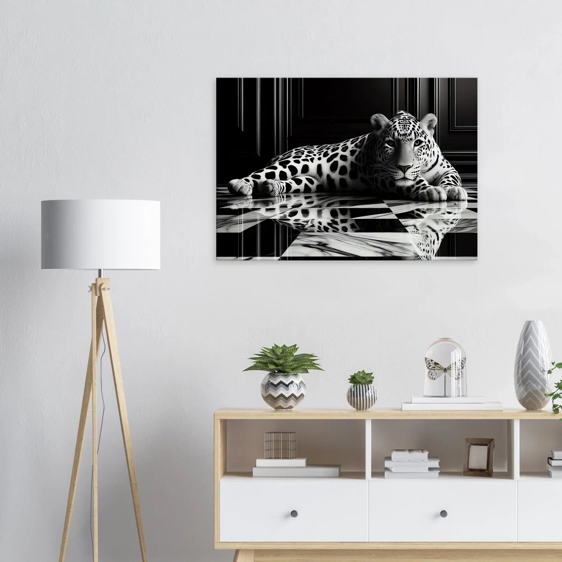 Leopard Canvas Art Print – Striking Design on Black & White Checkered Marble Floor