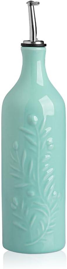 Sweejar Large Olive Oil Dispenser Bottle with Spout, 24 Oz Ceramic Oil Dispenser for Kitchen, Relief Opaque Oil Cruet, Oil Container for Cooking, EVOO, Avocado Oil, Vinegar, Pack of 1(Turquoise)