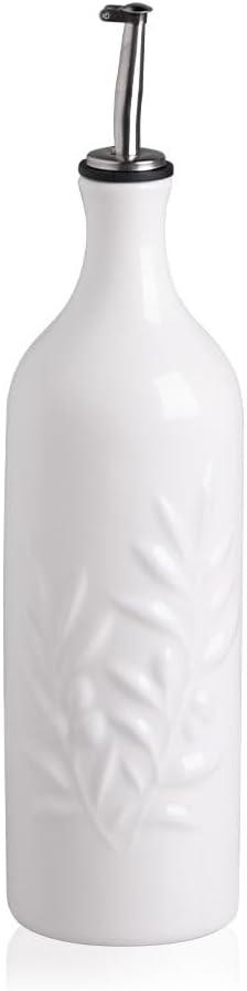 Sweejar Large Ceramic Olive Oil Dispenser Bottle, 24 Oz Relief Opaque Oil Cruet Protects Oil To Reduce Oxidation, Storage Oil, Vinegar, Soy Sauce, Coffee Syrup, Liquids, Set of 1 (White)