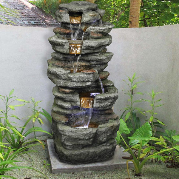 Resin Stacked Rock Outdoor Fountain 32 Inch Lit Water