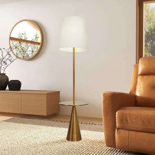 Celestial Modern Floor Lamp with Brass Accent Table and Large White Shade