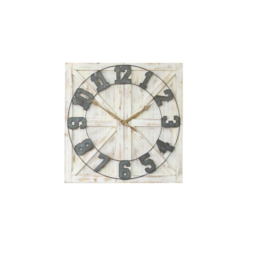 Square Distressed Wood And Metal Wall Clock