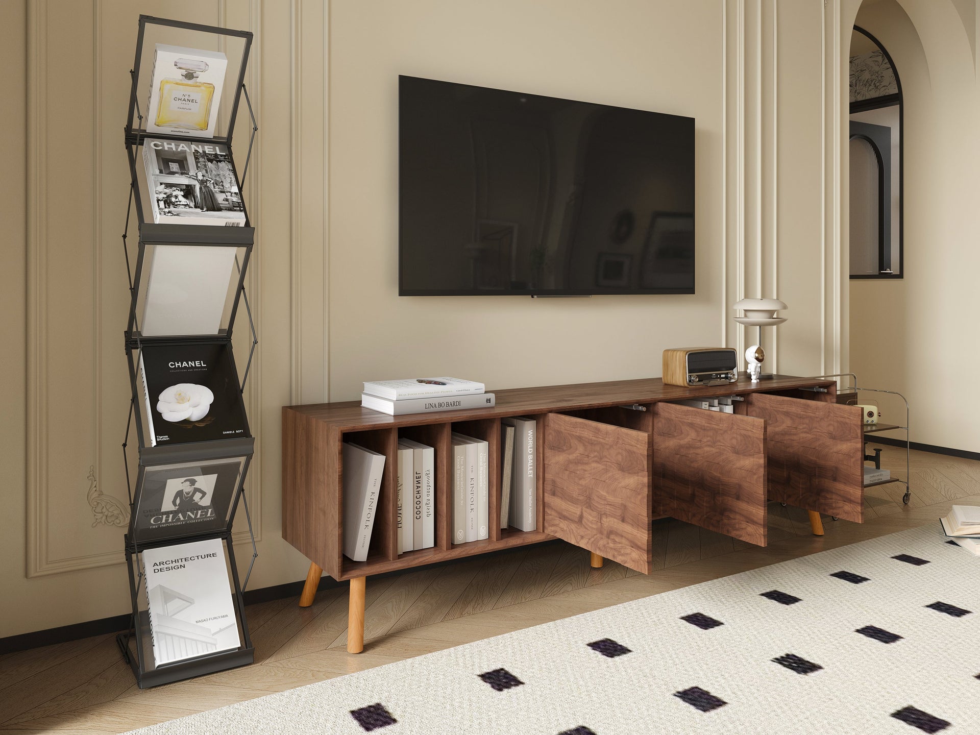 70' Mid-Century Modern TV Stand, Media Console Table for TVs up to 80'', Entertainment Center with 5 Solid Wood Legs for Living Room, Bedroom