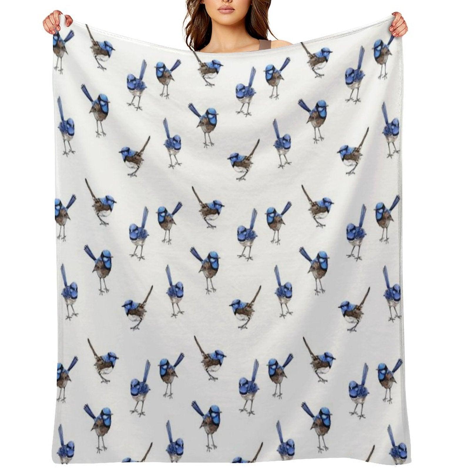 Blue Wrens, Scattered on White Throw Blanket