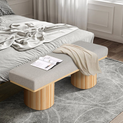 Upholstered Bench with Chunky Legs Light Grey Boucle Fabric Contemporary Bed-End Bench